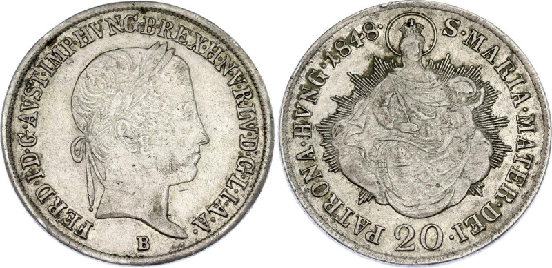 Hungary 20 Krajczar 1848 B
KM# 432, ÉH# 1428, H# 2092, N# 18828; Silver; Ferdin...