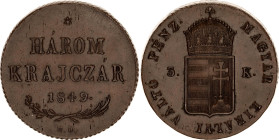 Hungary 3 Krajczar 1849 NB
KM# 434, ÉH# 1431, H# 2095; Adamo# B2, N# 23190; Copper; War of Independence Coinage; Nagybánya Mint; AUNC