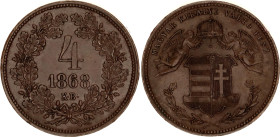 Hungary 4 Krajczar 1868 KB
KM# 442, ÉH# 1480, H# 2170; Adamo# M7.1, N# 7074; Copper; Franz Joseph I; Kremnitz Mint; UNC