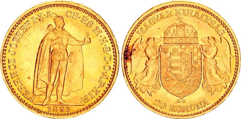 Hungary 20 Korona 1893 KB
KM# 486, H# 2198, ÉH# 1489, Adamo# K9, N# 33163; Gold...