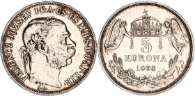 Hungary 5 Korona 1908 KB
KM# 488, H# 2201, ÉH# 1492, Adamo# K7, N# 12866; Silver; Franz Joseph I; Kremnitz Mint; XF-AUNC
