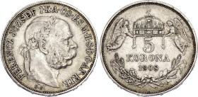 Hungary 5 Korona 1908 KB
KM# 488, H# 2201, ÉH# 1492, Adamo# K7, N# 12866; Silver; Franz Joseph I; Kremnitz Mint; XF