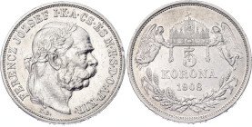 Hungary 5 Korona 1908 KB
KM# 488, N# 12866; Silver; Peter I; XF