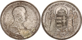 Hungary 5 Pengo 1930 BP
KM# 512, ÉH# 1507, H# 2259, Adamo# P8, N# 18692; Silver; 10th Anniversary - Regency of Admiral Horthy; Budapest Mint; AUNC To...