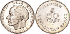 Hungary 50 Forint 1961 BP
KM# 561, N# 34297; Silver., Proof; 80th Anniversary of Birth of Béla Bartók; Mintage 15000 pcs.