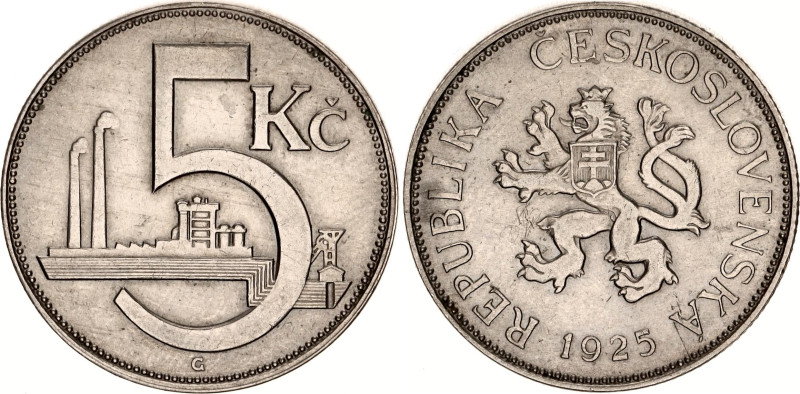 Czechoslovakia 5 Korun 1925
KM# 10, Schön# 8, N# 1226; Copper-nickel; Kremnitz ...