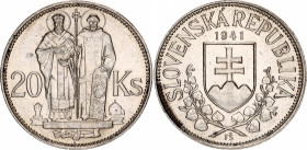 Slovakia 20 Korun 1941
KM# 7.1, Schön# 9, N# 6483; Silver; St. Cyril and St. Methodius; AUNC