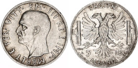 Albania 5 Lek 1939 R
KM# 33, N# 11792; Silver; Vittorio Emanuele III; AUNC