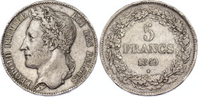 Belgium 5 Francs 1849
KM# 3.2, N# 255; Silver; Leopold I; Brussels Mint; XF-