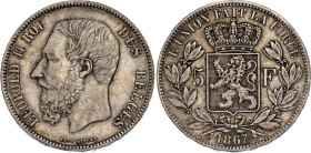Belgium 5 Francs 1867
KM# 24, N# 276; Silver; VF