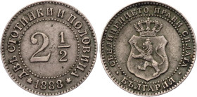 Bulgaria 2-1/2 Stotinki 1888
KM# 8, N# 22489; Copper-Nickel; Ferdinand I; XF