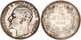 Bulgaria 5 Leva 1894 KB
KM# 18, N# 17712; Silver; Ferdinand I; Kremnitz Mint; AUNC Toned
