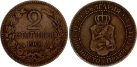 Bulgaria 2 Stotinki 1901
KM# 23.1, Schön# 23.1, N# 126028; Bronze; Ferdinand I; Paris Mint; VF-XF