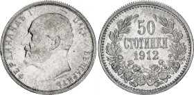 Bulgaria 50 Stotinki 1912
KM# 30, N# 12341; Silver; Ferdinand I.; AUNC, with hairline