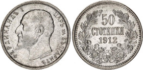 Bulgaria 50 Stotinki 1912
KM# 30, Schön# 30, N# 12341; Silver; Ferdinand I; Kremnitz Mint; XF-AUNC