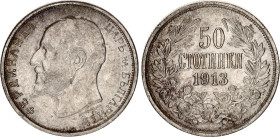 Bulgaria 50 Stotinki 1913
KM# 30, Schön# 30, N# 12341; Silver; Ferdinand I; Kremnitz Mint; XF-AUNC