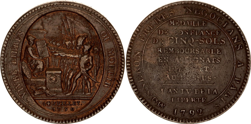 France Token 5 Sols "Monneron Freres" 1792
KM# Tn31, N# 16191; Copper 26.83 g.,...