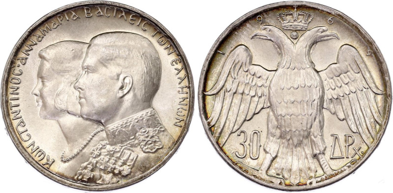 Greece 30 Drachmai 1964
KM# 87, N# 7222; Silver; Constantine II; Royal Marriage...