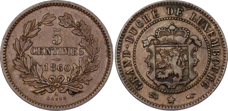 Luxembourg 5 Centimes 1860 A
KM# 22, N# 2998; Willem III; XF