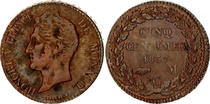 Monaco 5 Centimes 1837 MC
KM# 95.2a, Gad# MC102, N# 24956; Copper; Honore V; VF