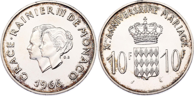 Monaco 10 Francs 1966
X# M1, N# 18719; Silver; Rainier III; 10th Anniversary of...