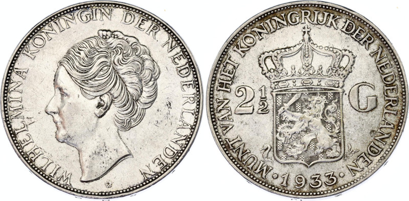 Netherlands 2-1/2 Gulden 1933
KM# 165, N# 6551; Seahorse privy mark, deep hair ...