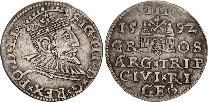 Poland 3 Groschen / Trojak 1592
Iger R.92.1.e; Silver; Sigismund III Vasa (1587...