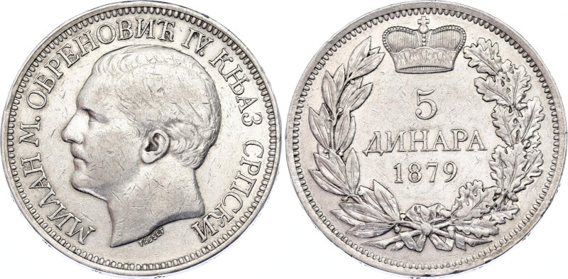 Serbia 5 Dinara 1879
KM# 12, N# 17550; Silver 24.91 g.; Milan Obrenović IV; XF-...