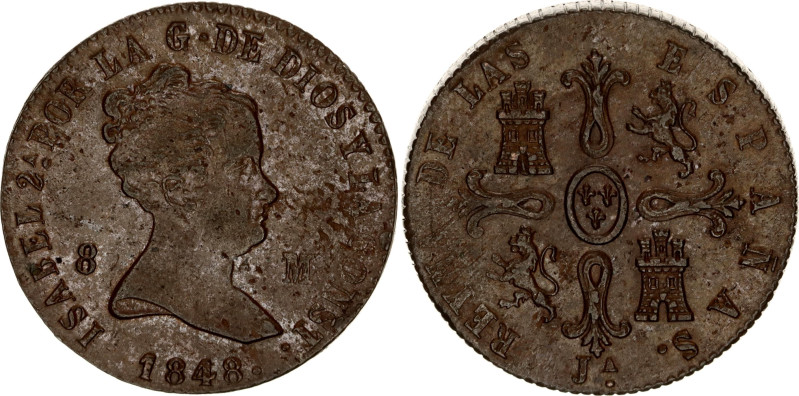 Spain 8 Maravedis 1848 JA
KM# 531.2, Cal# 486, N# 4402; Copper; Isabella II; Ju...