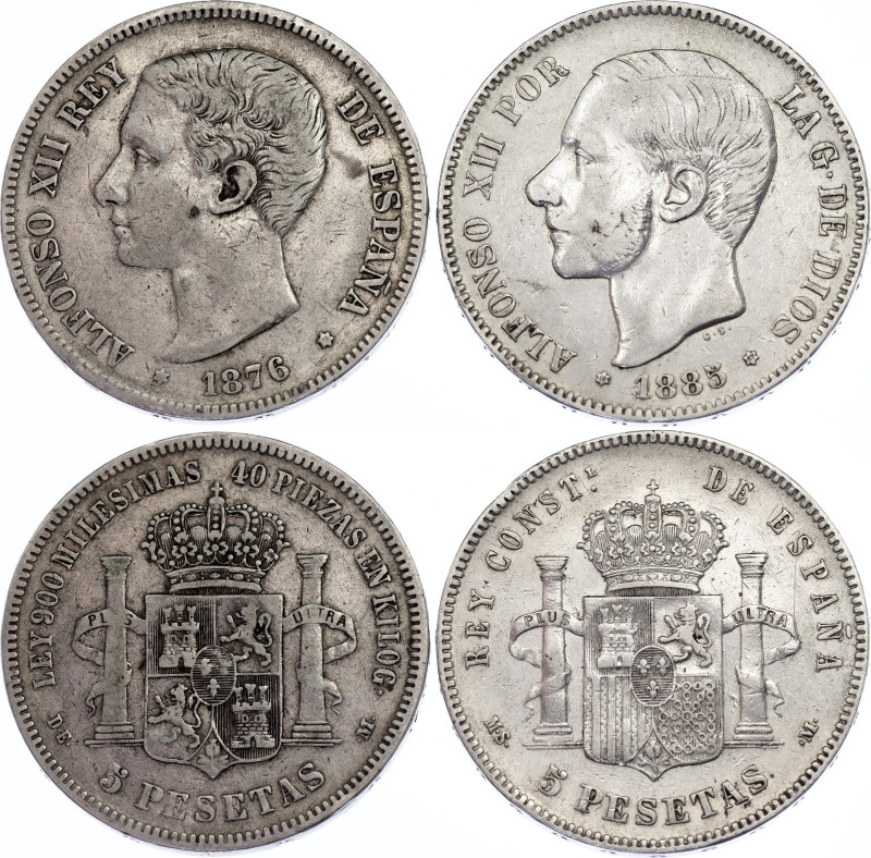 Spain 2 x 5 Pesetas 1876 - 1885
KM# 671, 688; Silver; Alfonso XII; Madrid Mint;...