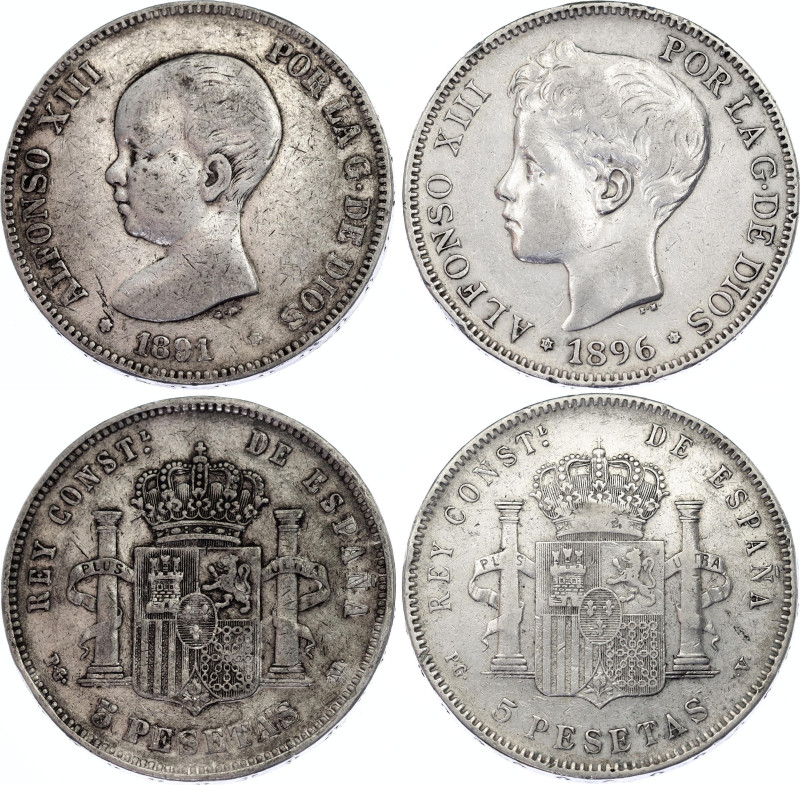 Spain 2 x 5 Pesetas 1891 - 1896
KM# 689, 707; Silver; Alfonso XIII; Madrid Mint...