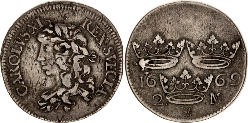 Sweden 2 Mark 1669 FIRST
KM# 237a, N# 64176; Silver; Carl XI; VF+