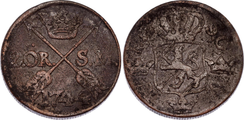 Sweden 2 Ore Silvermynt 1744
KM# 437, N# 28455; Copper; Frederick I; Avesta Min...