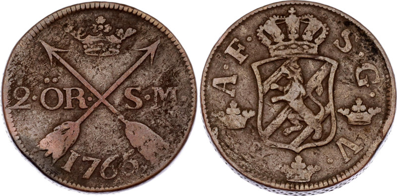 Sweden 2 Ore Silvermynt 1765
KM# 461, N# 28457; Copper; Adolf Frederick I; VF-