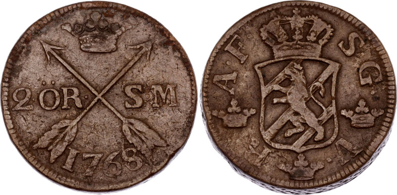 Sweden 2 Ore Silvermynt 1768
KM# 461, N# 28457; Copper; Adolf Frederick I; VF