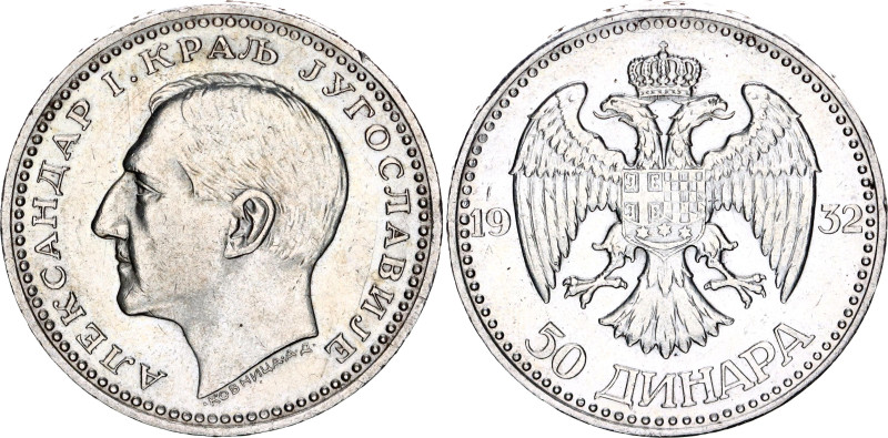 Yugoslavia 50 Dinara 1932
KM# 16, Schön# 10, N# 16520; Silver; Alexander I; Bel...