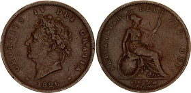 Great Britain 1 Penny 1826
KM# 693, Sp# 3823, N# 8083; Copper; George IV; London Mint; VF