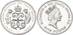 Great Britain 5 Pounds 1990 (ND)
KM# 962a, N# 216731; Silver., Proof; Elizabeth II The Queen Mother's 90th Birthday; Llantrisant Mint; Mintage 10000