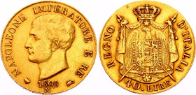 Italian States Kingdom of Napoleon 40 Lire 1808 M
KM# 12; Napoleon I; Gold (.900) 12.90g; VF+/XF-