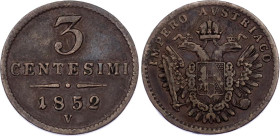 Italian States Lombardy-Venetia 3 Centesimi 1852 V
C# 30, N# 15610; Copper; Franz Joseph I; XF+