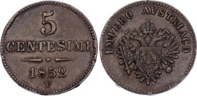 Italian States Lombardy-Venetia 5 Centesimi 1852 V
C# 31, N# 15610; Copper; Franz Joseph I; XF+