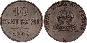 Italian States Lombardy-Venetia 10 Centesimi 1849 M
C# 28, N# 24939; Copper; Franz Joseph I; XF
