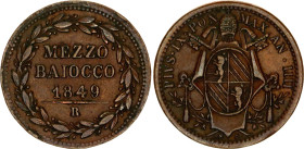 Italian States Papal States Mezzo (1/2) Baiocco 1849 IIII R
KM# 1340, N# 8592; Copper; Pius IX; Rome Mint; XF