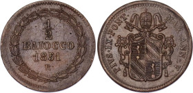 Italian States Papal States 1/2 Baiocco 1851 (V) R
KM# 1355, N# 8324; Pio IX; XF/AUNC