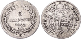 Italian States Papal States 5 Baiocchi 1842 B
KM# 1321, N# 53491; Silver; Gregorio XVI; VF+