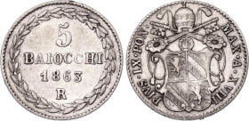 Italian States Papal States 5 Baiocchi 1863 R
KM# 1341b, N# 38288; Silver; Pio IX; Mintage 44000 pcs; XF