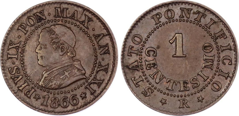 Italian States Papal States 1 Centesimo 1866 (XXI) R
KM# 1370, N# 38294; Pio IX...