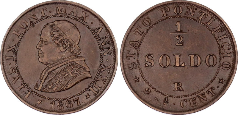 Italian States Papal States 1/2 Soldo 1867 (XXII) R
KM# 1371, N# 6340; Pio IX; ...