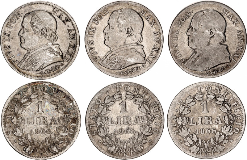 Italian States Papal States 3 x 1 Lira 1866 XXI R
KM# 1378, N# 3617; Silver; Pi...