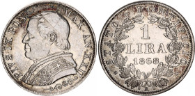 Italian States Papal States 1 Lira 1868 XXII R
KM# 1378, N# 3617; Silver; Pius IX; Rome Mint; AUNC